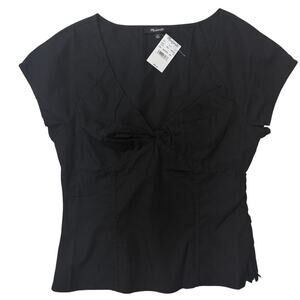 NEW Madewell Twist-Front Seamed Poplin Top Black Sz 00 Cap Sleeve V-Neck Zipper